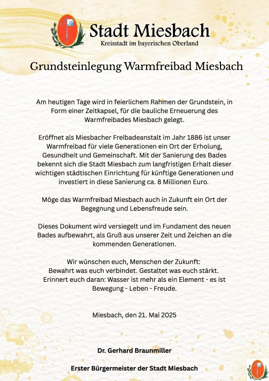 Grossansicht in neuem Fenster: Urkunde Grundsteinlegung Warmfreibad Miesbach